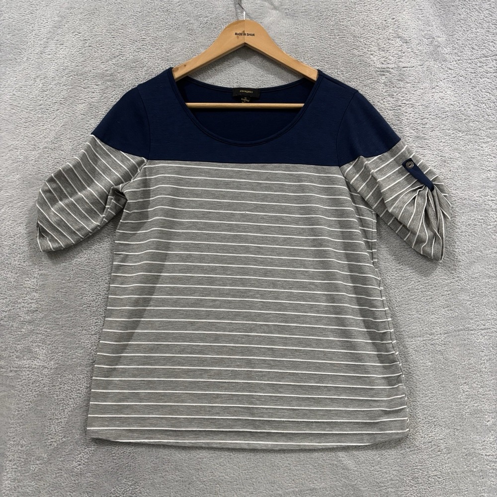 Espresso Shirt Top Women's Medium Cuffed Short Sleeve Striped Blouse Summer